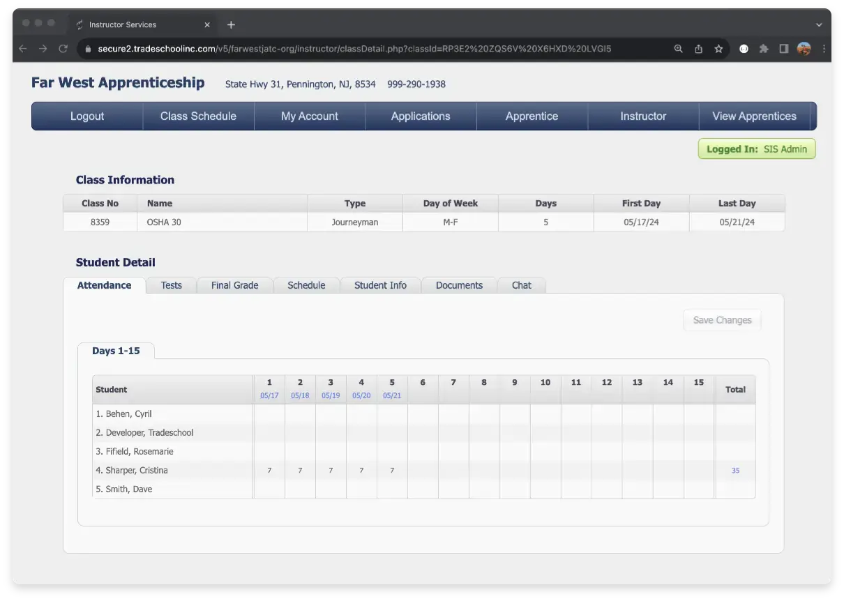 TradeSchool Web Services Instructor view screenshot
